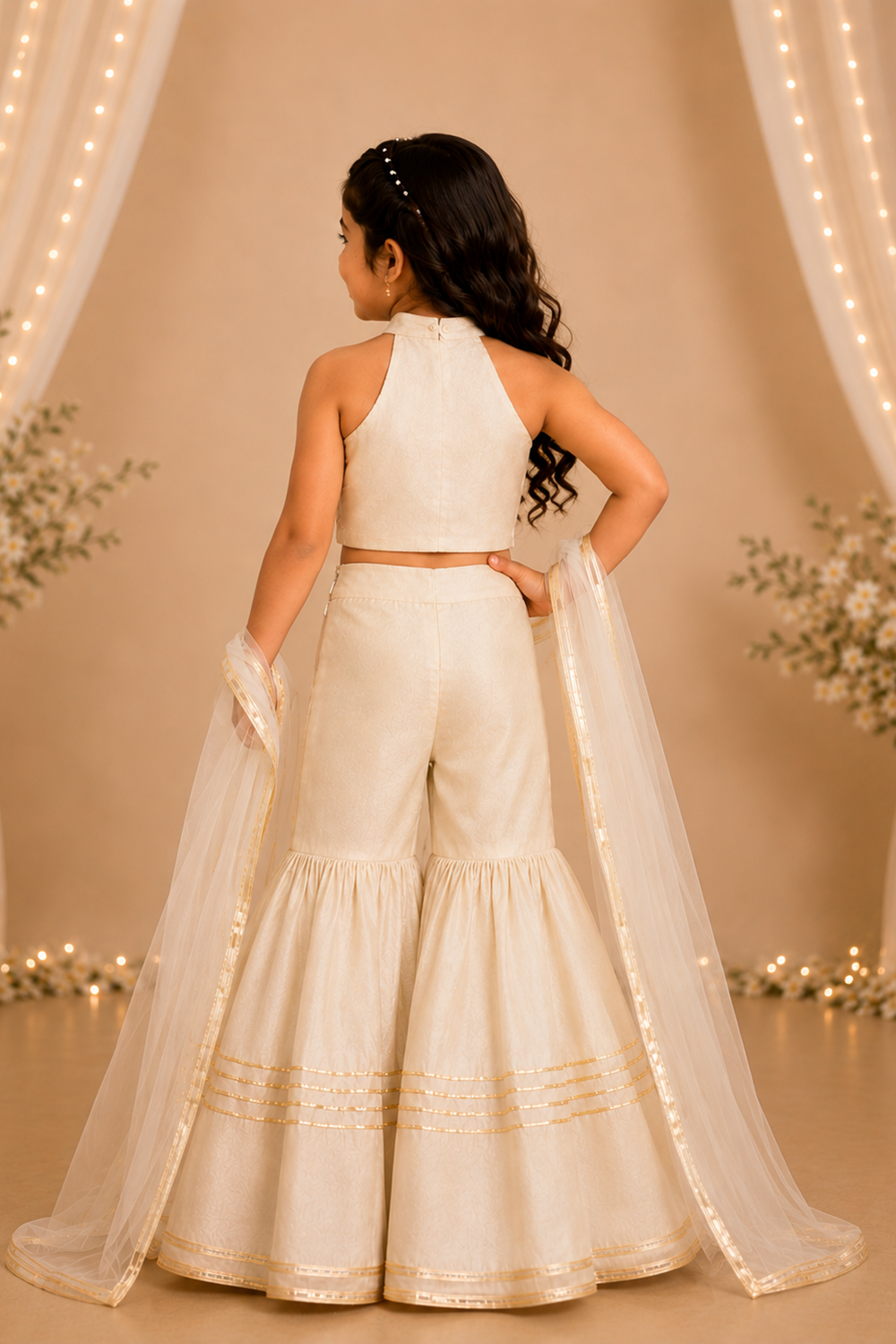 Ivory Halter Neck Crop Top with Gharara and Soft Net Duppatta