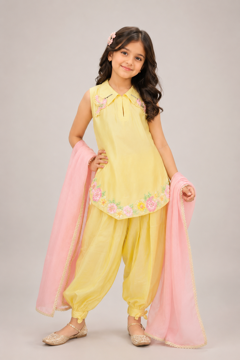 A Delicate Yellow Suit with Delicate Floral Embroidery and Paired with Tulip Pants
