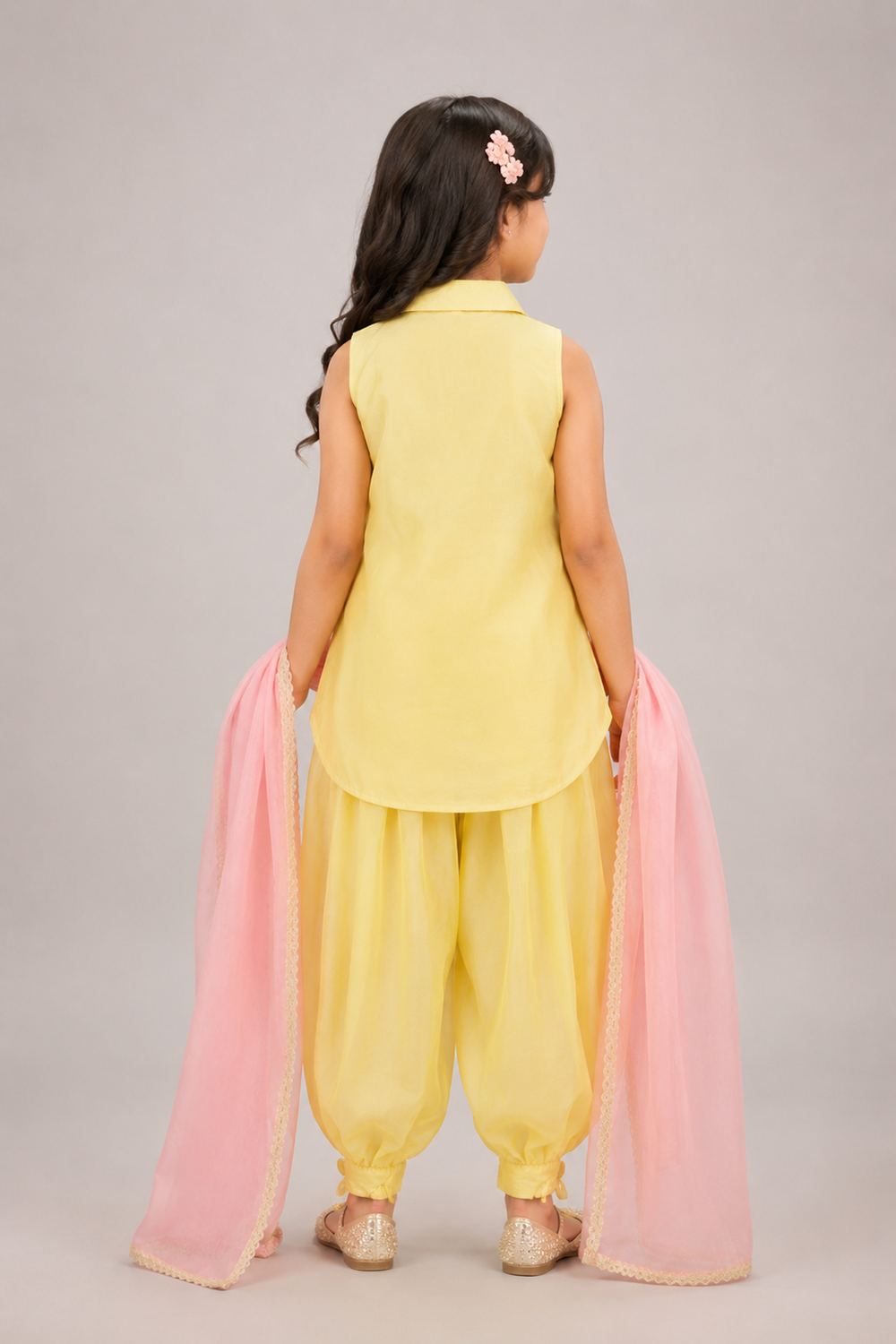 A Delicate Yellow Suit with Delicate Floral Embroidery and Paired with Tulip Pants