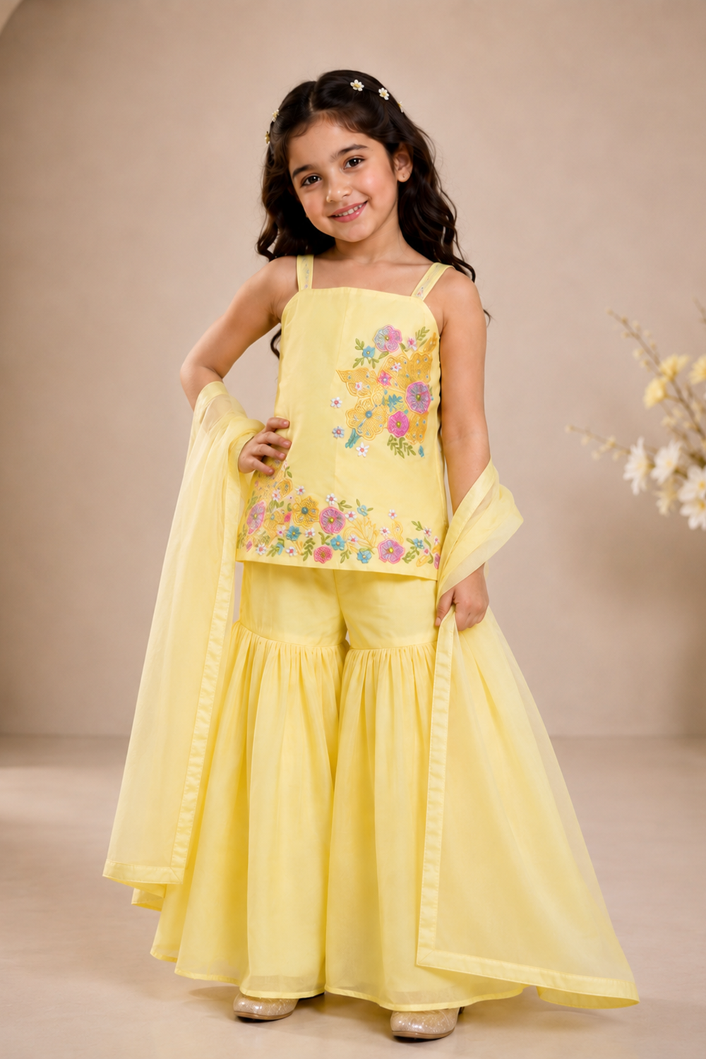 A Delicate Yellow Suit with Delicate Floral Embroidery and Paired with Gharara