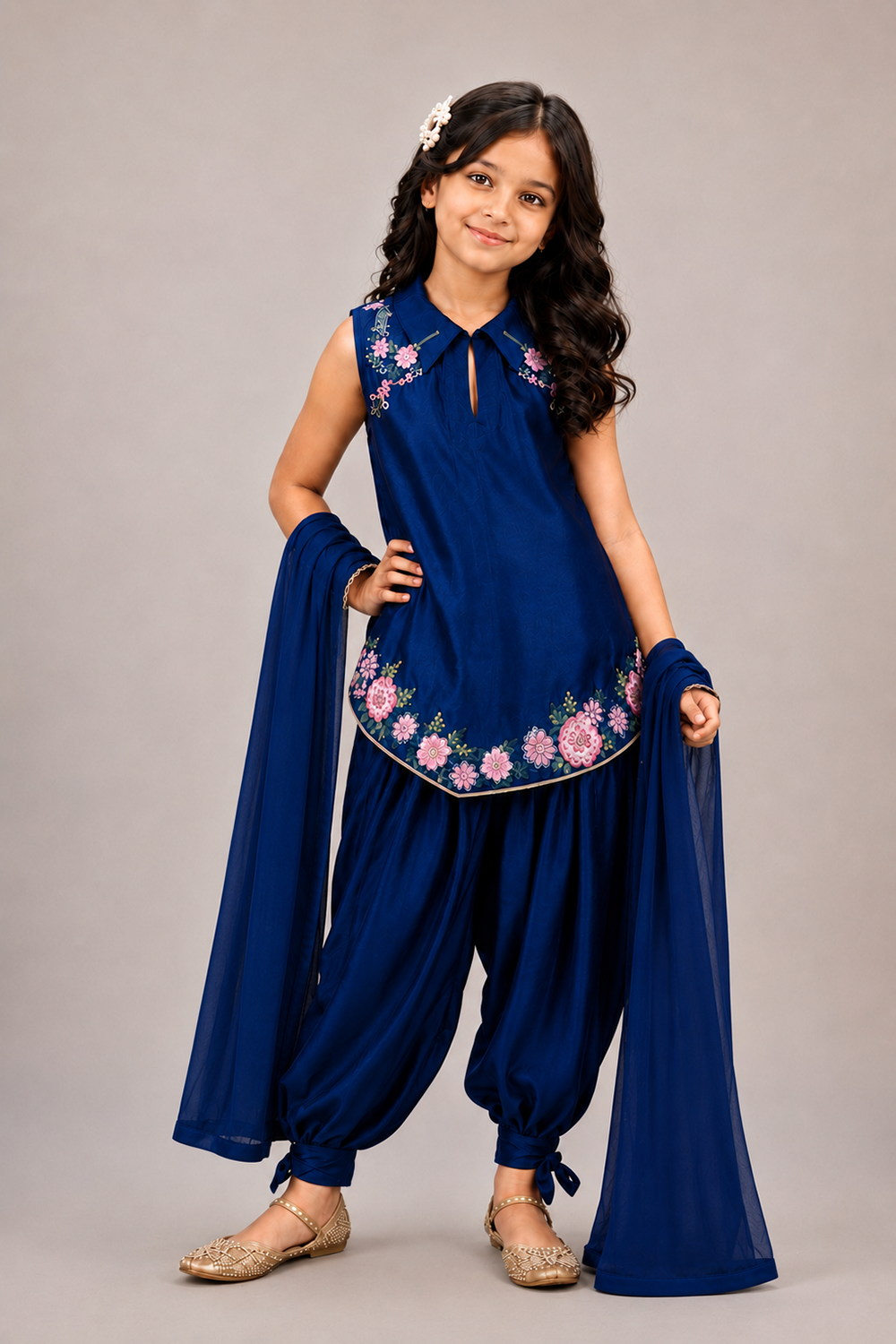 A Navy Blue Suit with Delicate Floral Embroidery and Paired with Tulip Pants