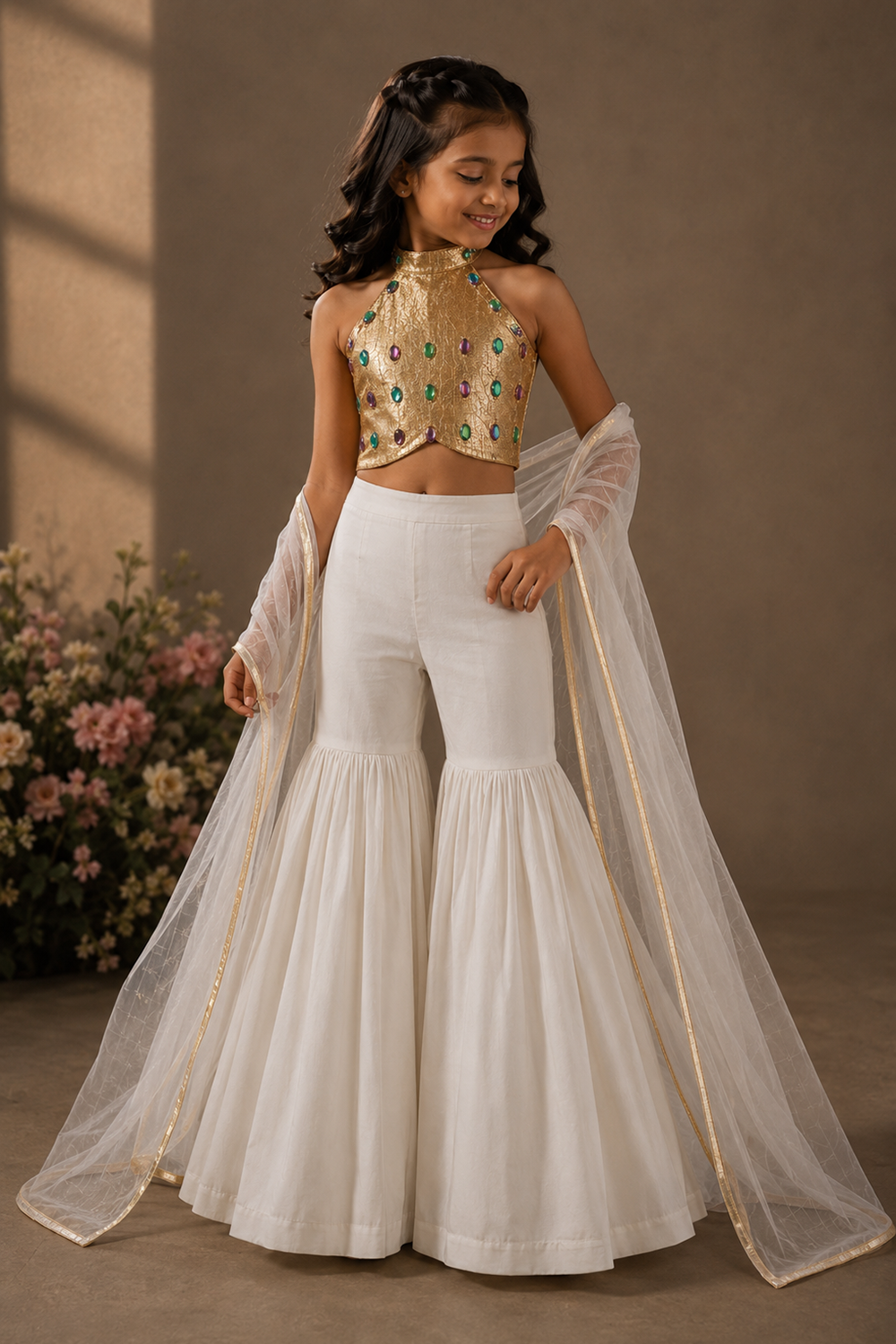 Golden Halter Neck Crop Top with Gharara
