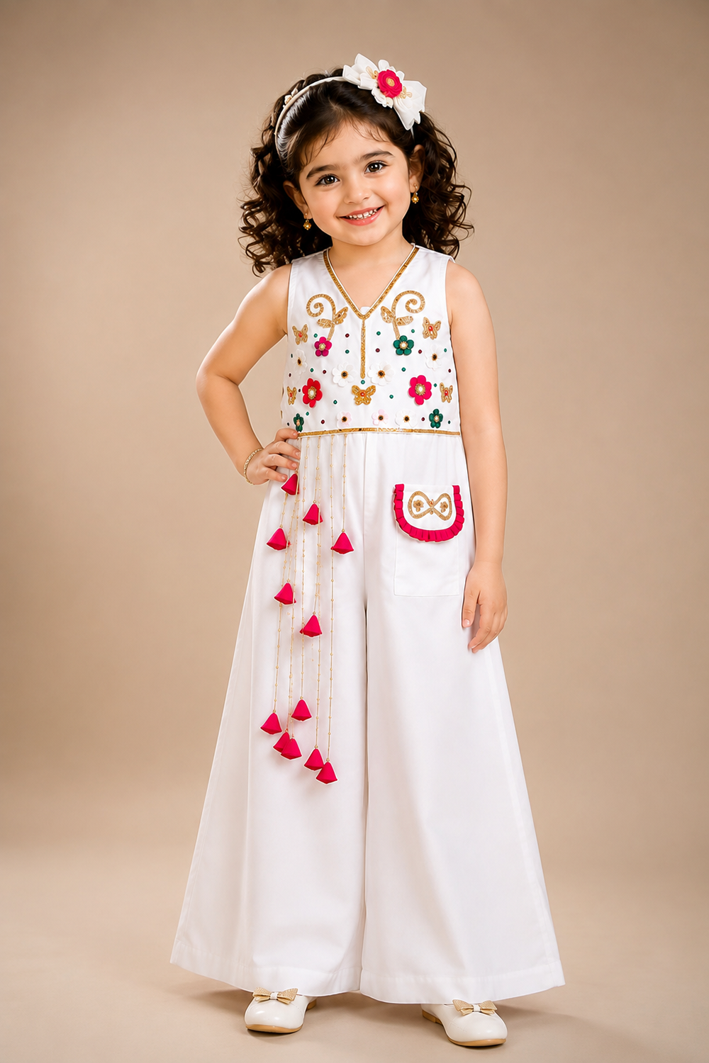 Multi -Colored Embroidered Jumpsuit with Vibrant Pink Tassels