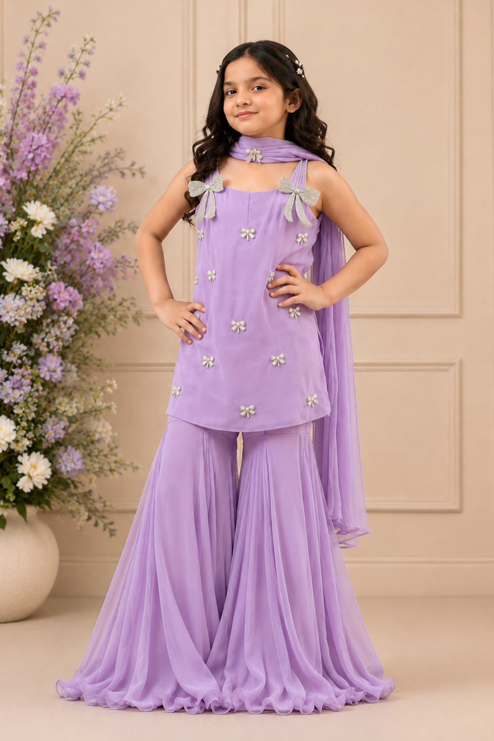 Dreamy Lilac Crafted Suit with Pearl Floral Motifs