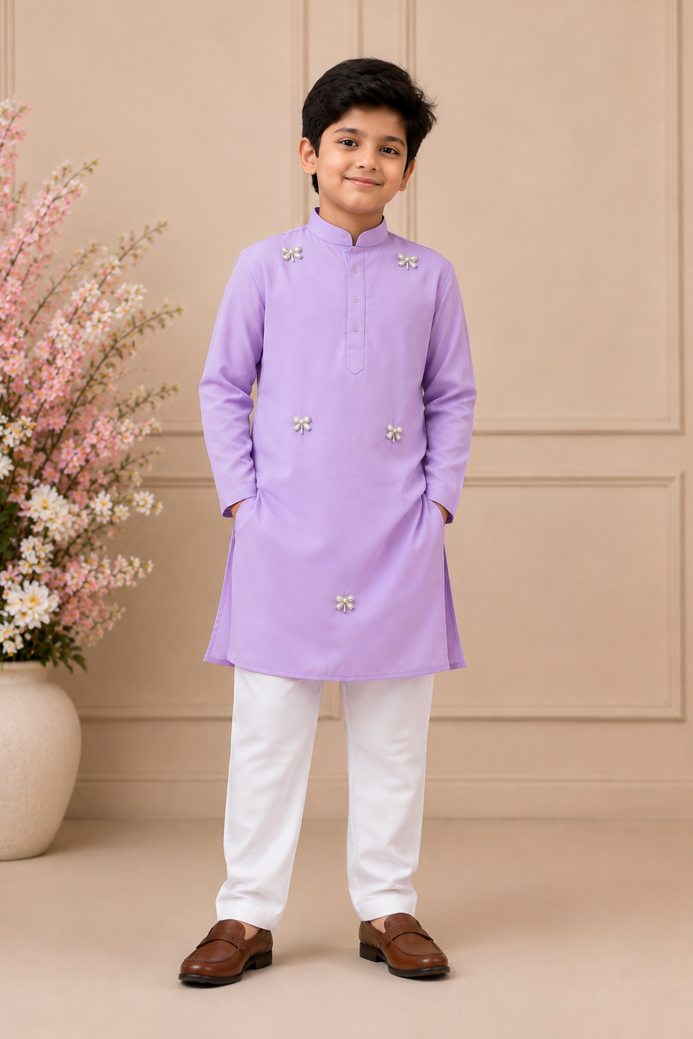 Elegant Kurta with Delicate Pearl Bow Motifs