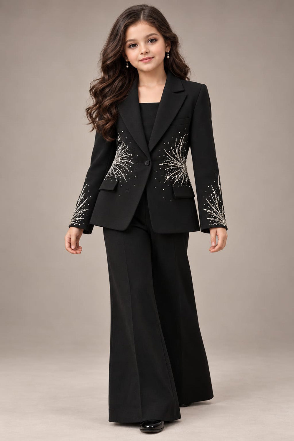 A Classic Black Pant Suit with Delicate Embroidery