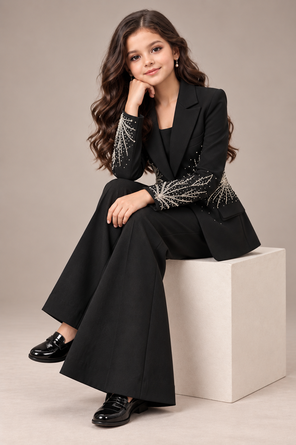 A Classic Black Pant Suit with Delicate Embroidery