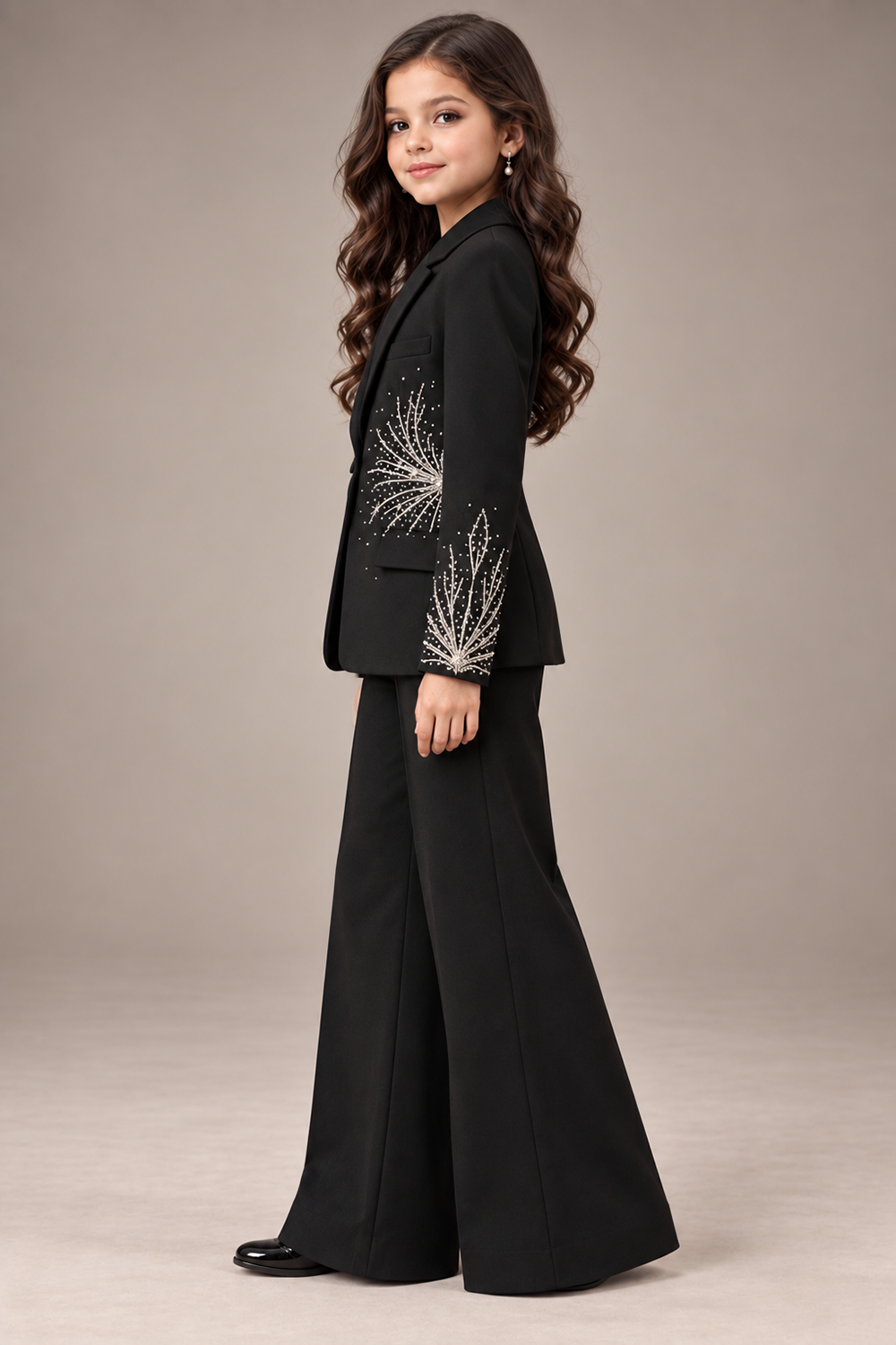 A Classic Black Pant Suit with Delicate Embroidery