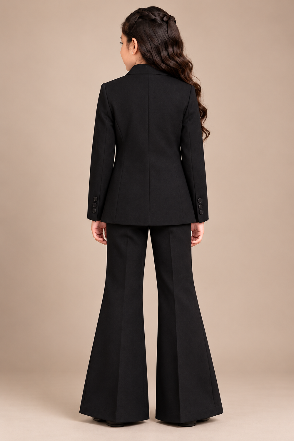A Classic Black Pant Suit with Pearl Bows