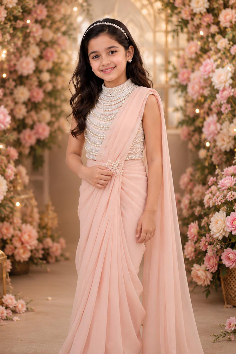 A Dreamy Draped Saree with Intricate Pearl Embroidery