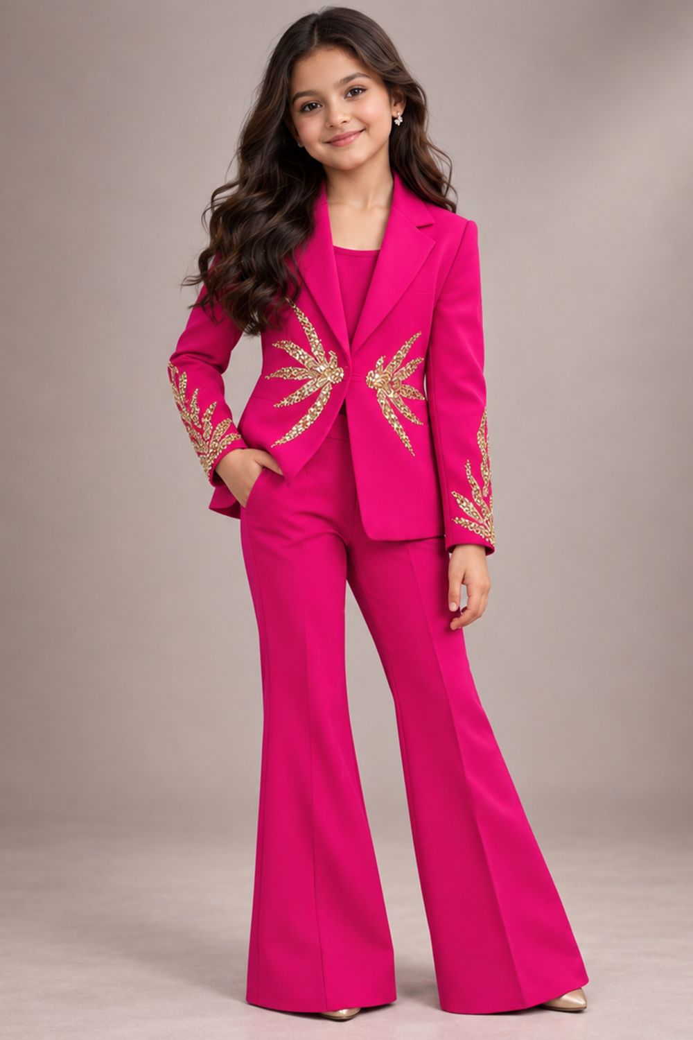 A Show Stopper Pink Pant Suit with Elegant Gold Embroidery