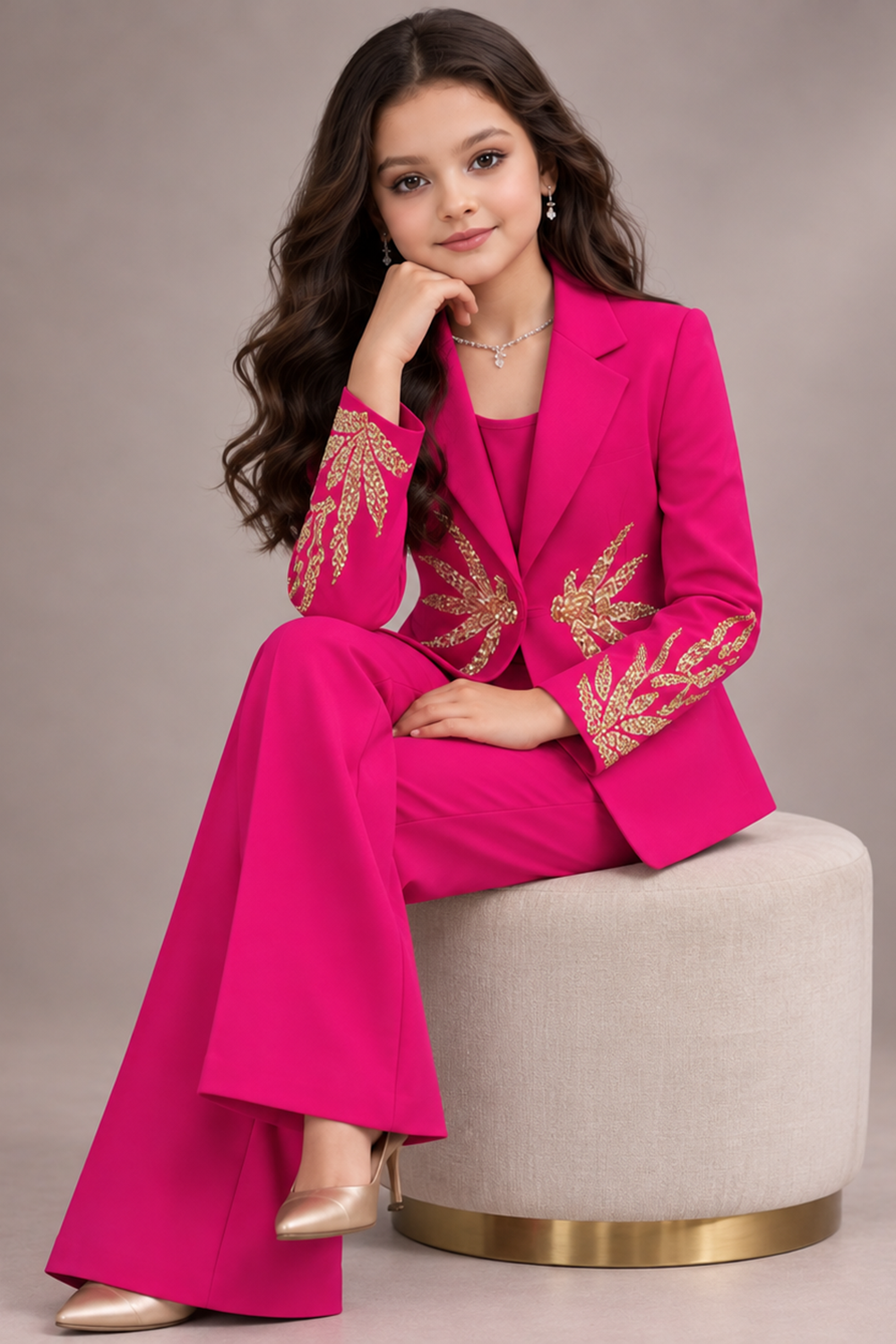 A Show Stopper Pink Pant Suit with Elegant Gold Embroidery