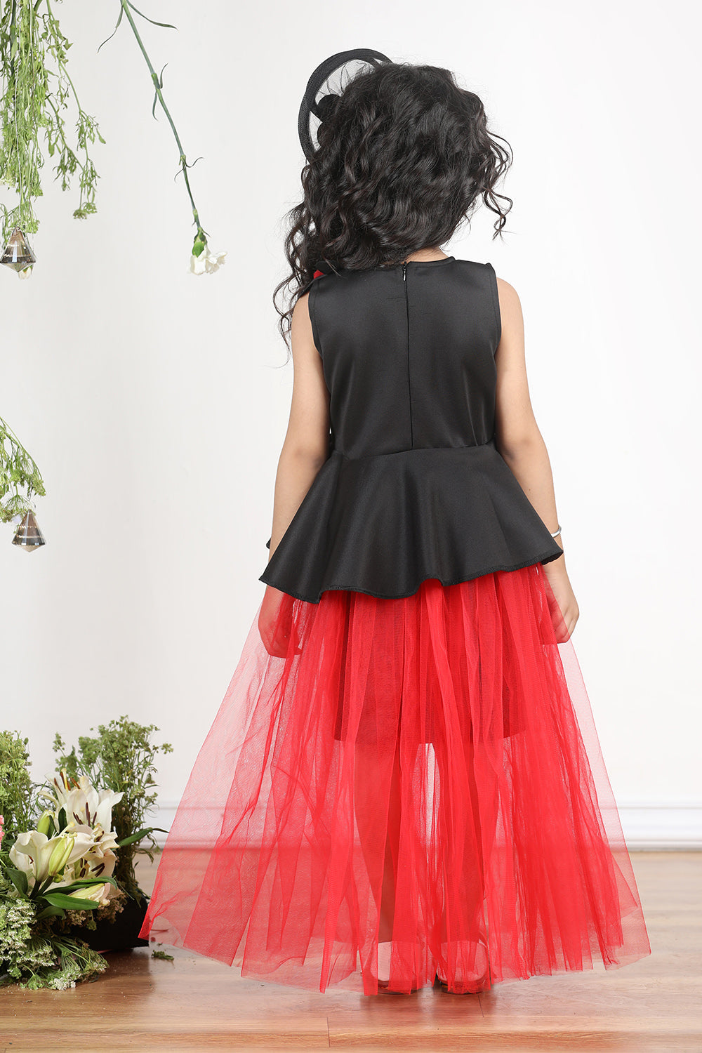 Black N Red Dress with 3D Flowers and Net Detailing