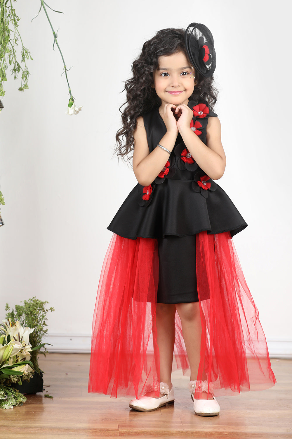 Black N Red Dress with 3D Flowers and Net Detailing