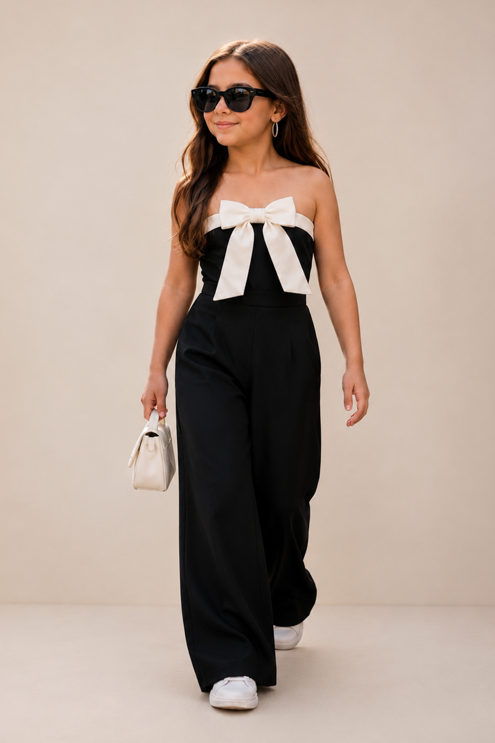 Black N White Jumpsuit With Tube Style And Bow Detailing