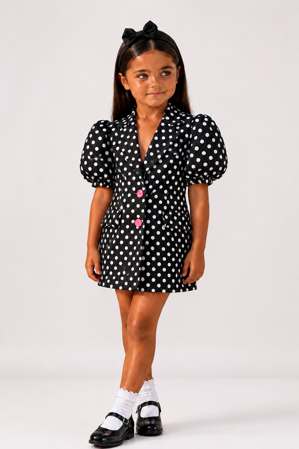 Black Polka Dot Blazer Dress With Puff Sleeves