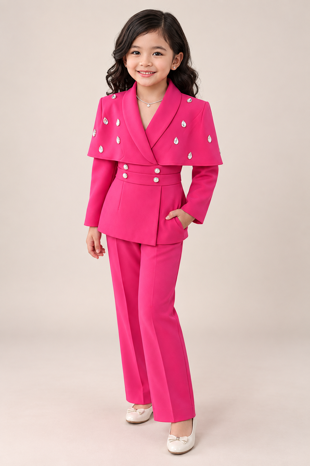 Bold Hot Pink Pant Suit with Sparkling Detailing And Cape Style Blazer