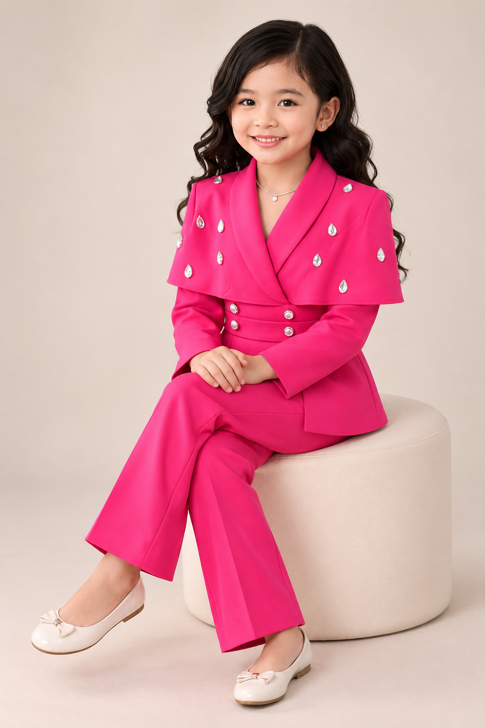 Bold Hot Pink Pant Suit with Sparkling Detailing And Cape Style Blazer