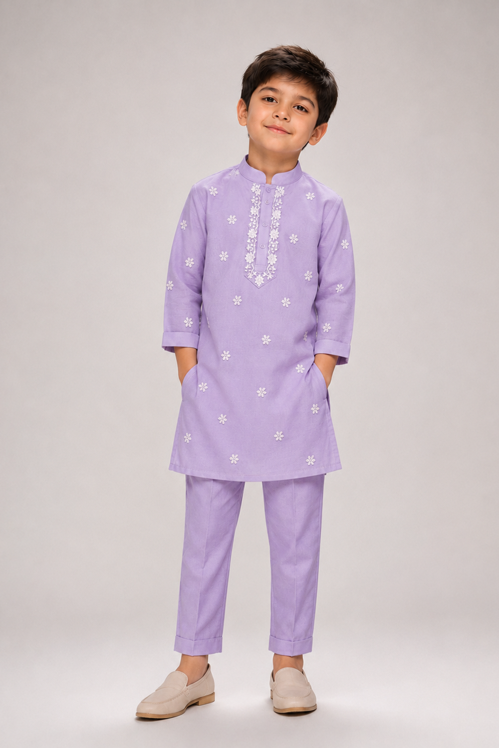 Charming Lilac Kurta Set With Handcrafted Floral Embroidery