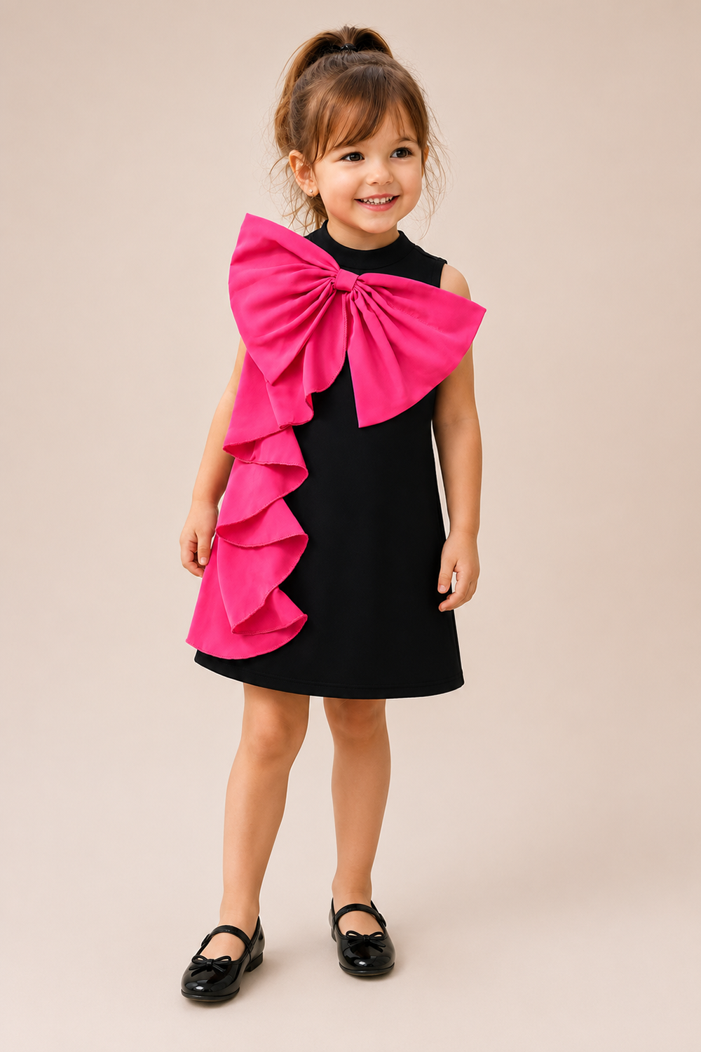 Classic Black Dress With A Bow And Ruffle Detailing