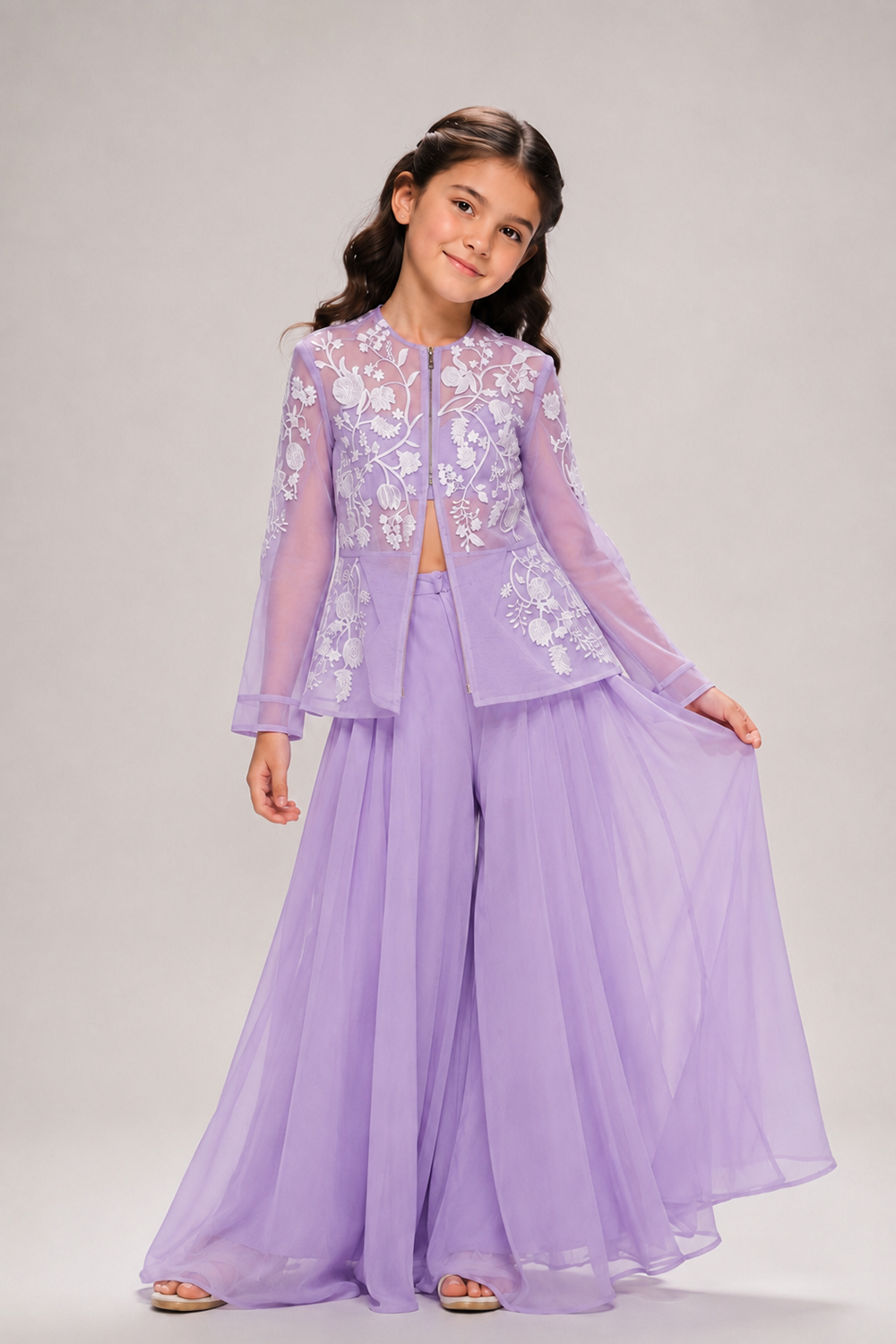 Dreamy Lilac Embroidered Jacket Set With Flowing Sharara