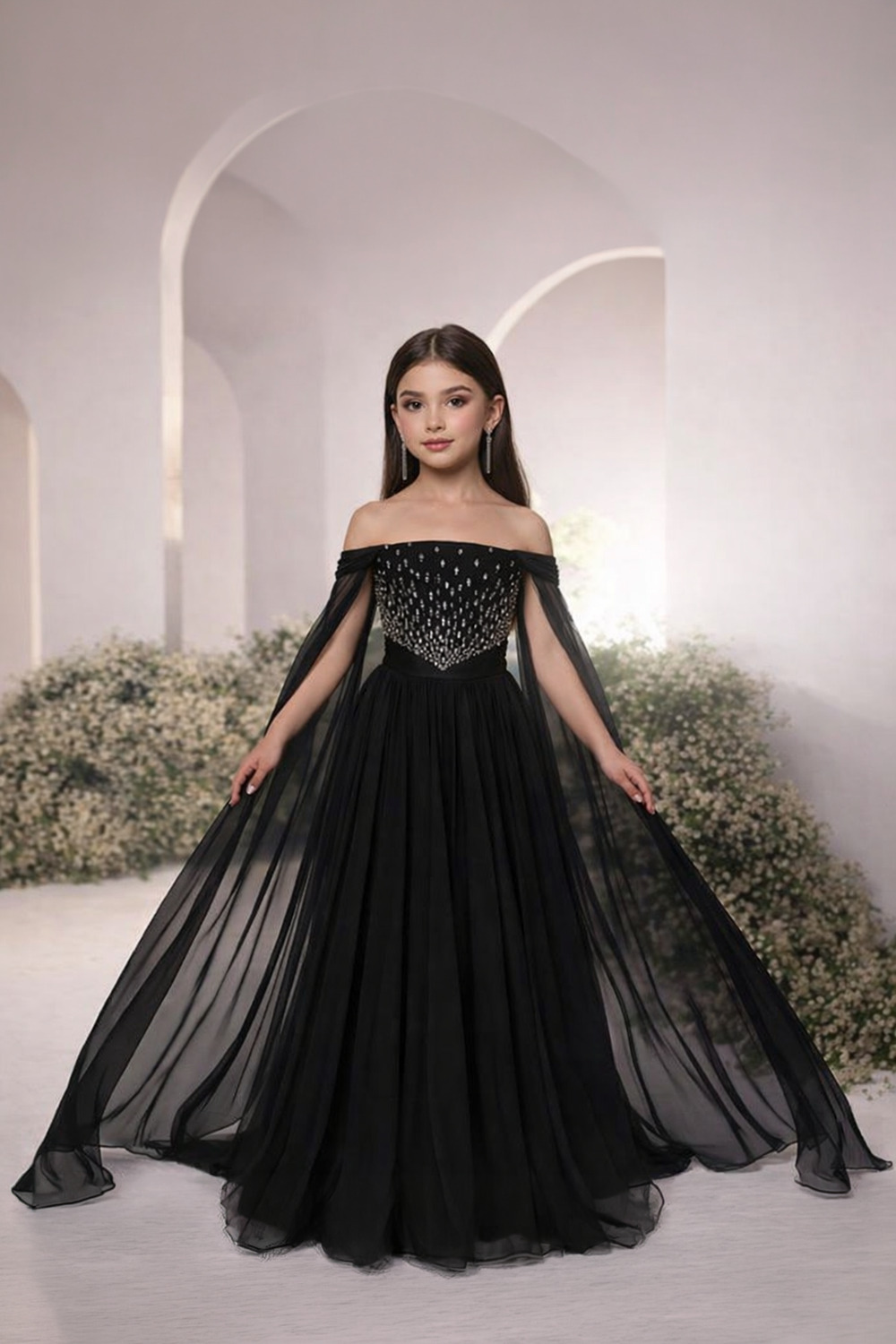 Elegant Black Off Shoulder Gown with Sparkling Detailing and A Flowy Cape