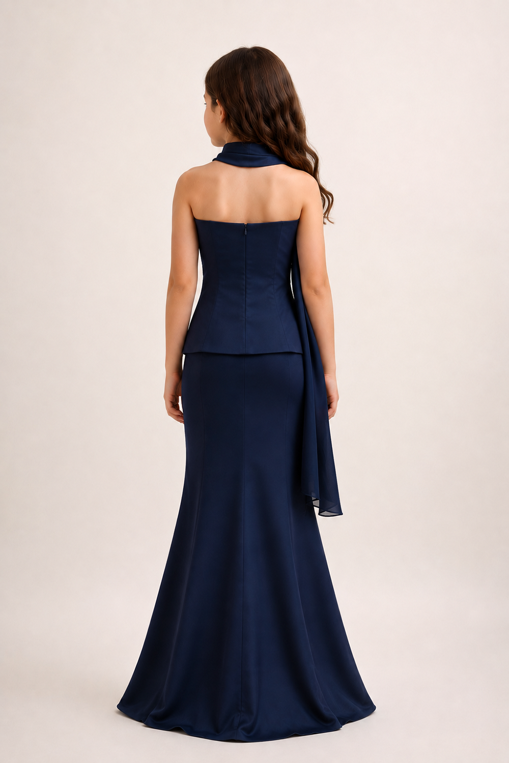 Elegant Fitted Gown with Delicate Embelishment and A Flowy Scarf Detail