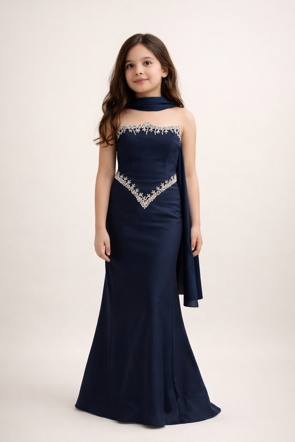 Elegant Fitted Gown with Delicate Embelishment and A Flowy Scarf Detail