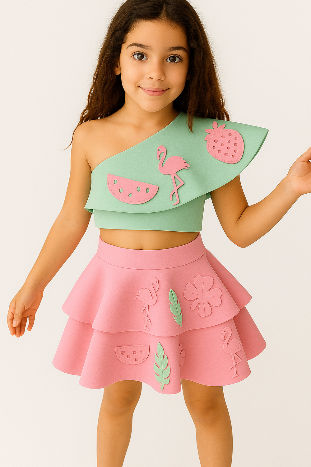 Green & Pink Off Shoulder Top and Layered Skirt