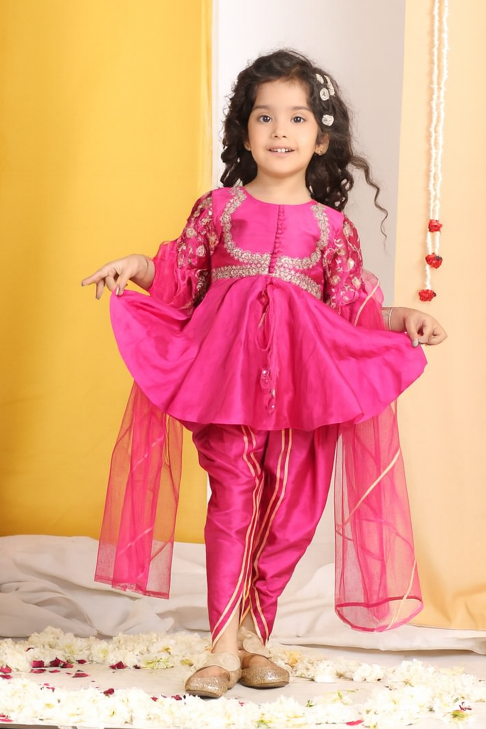 Potli Button Detail Front Open Pink Kurti and Dhoti with Net Dupatta