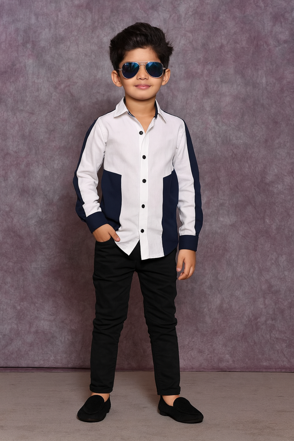 White and Navy Blue Cotton Shirt with Color Block