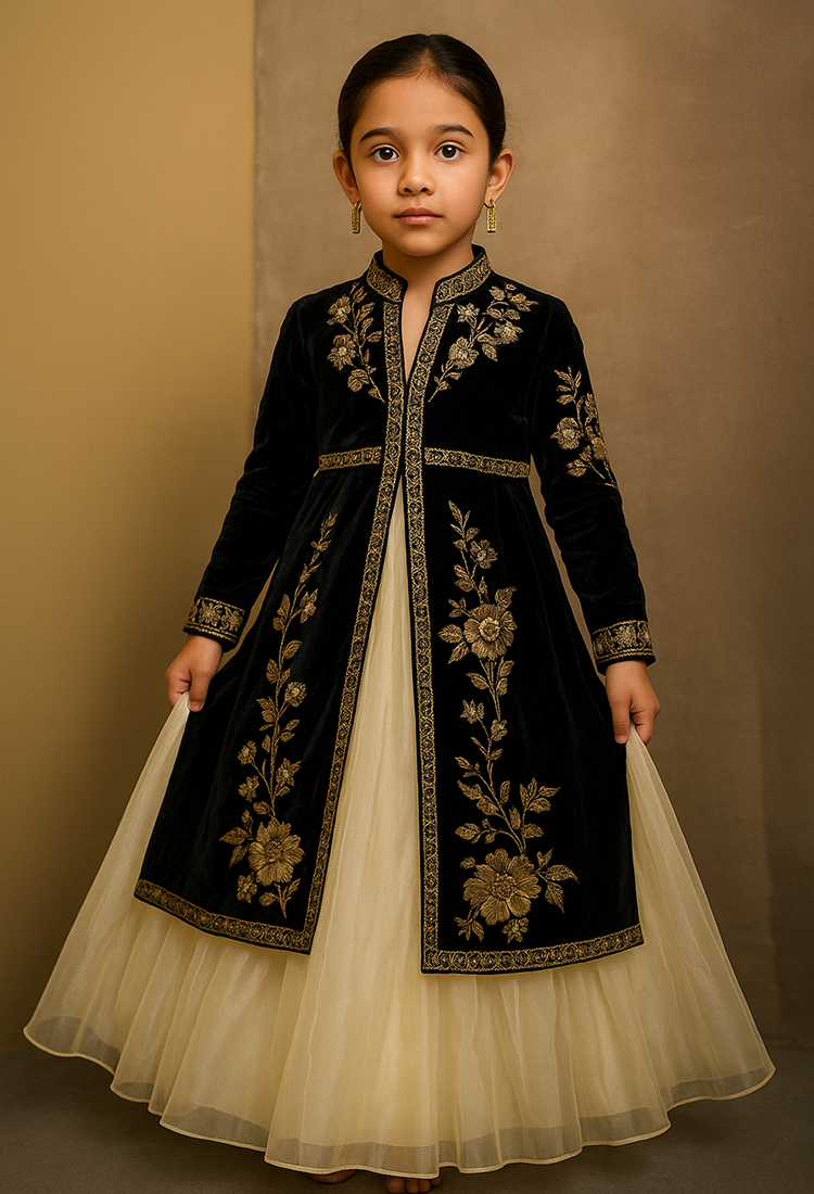 Black Cape Dress With Dori N Sequence Work N Organza Skirt Front Open