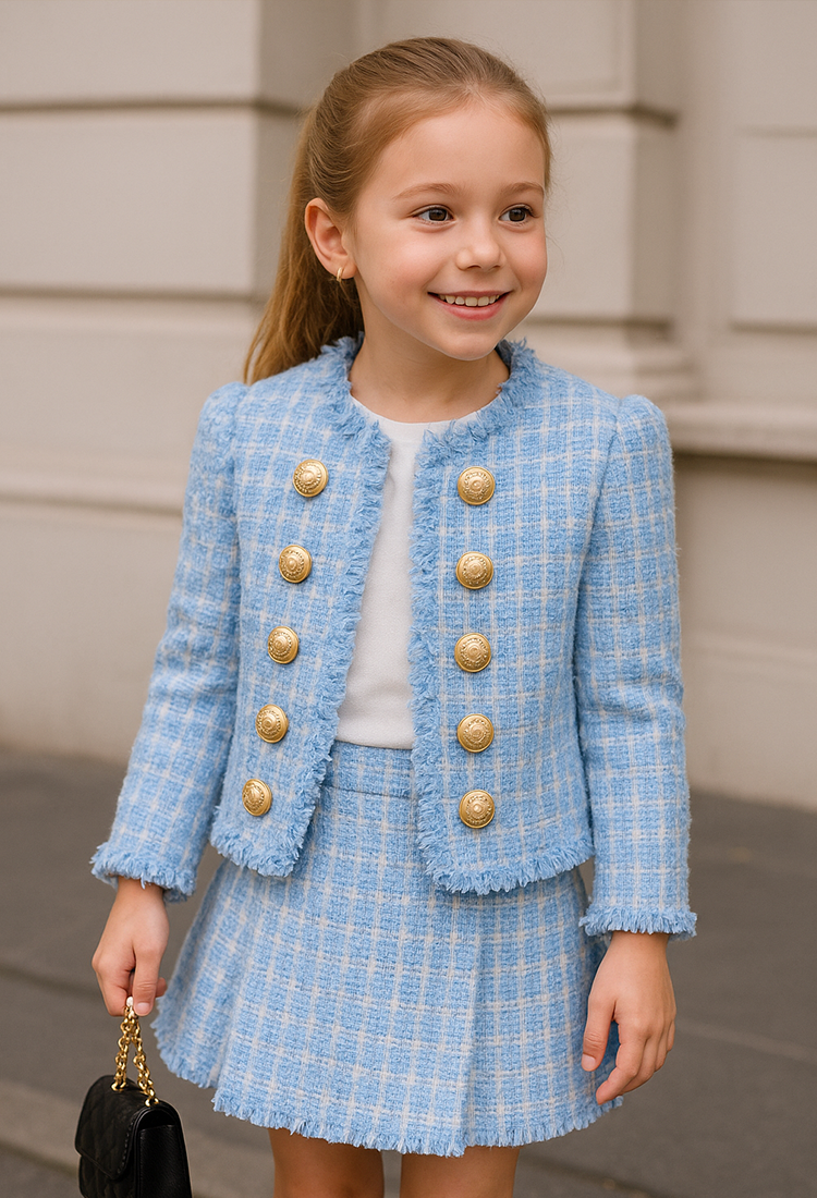 Tweed Open Style Coat With Button Detailing N Skirt With Pleats N White Top