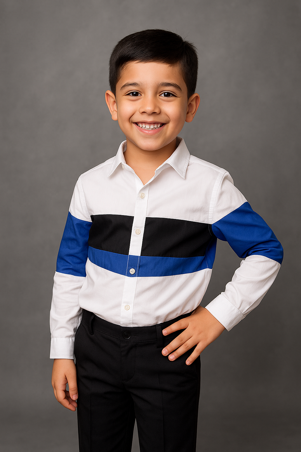 White and Blue Cotton Shirt with Color Block