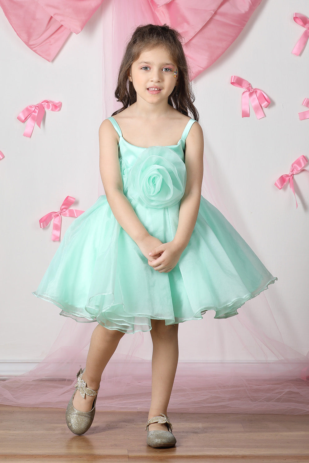 Green Net Dress with 3D Flowers and Flare