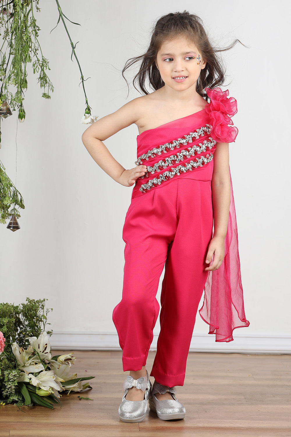 Hot Pink Off Shoulder Jumpsuit with Attach Draoe and Stone and Beads Work