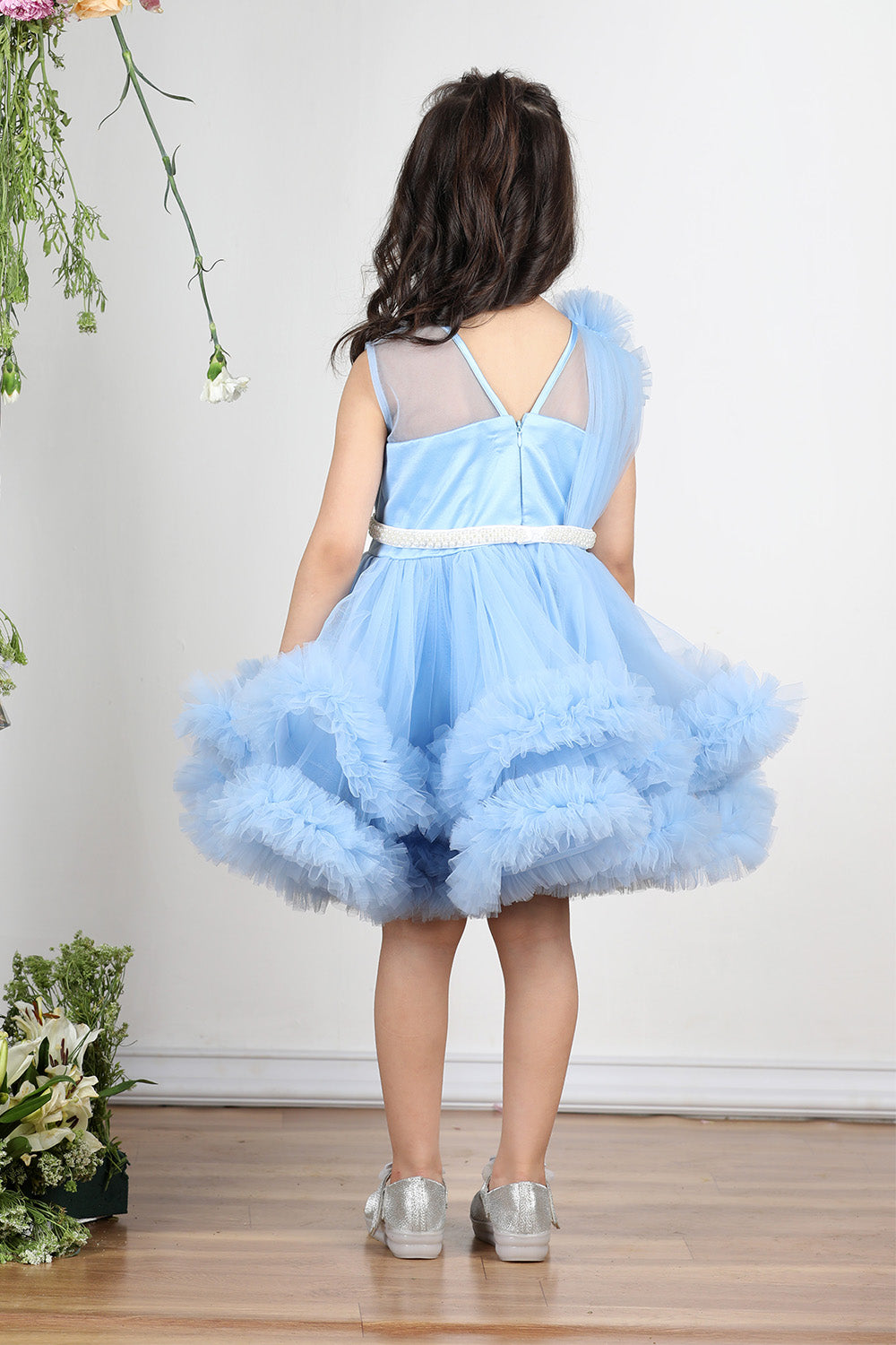 Ice Blue Dress with Tulles Asnd Pearl Belt