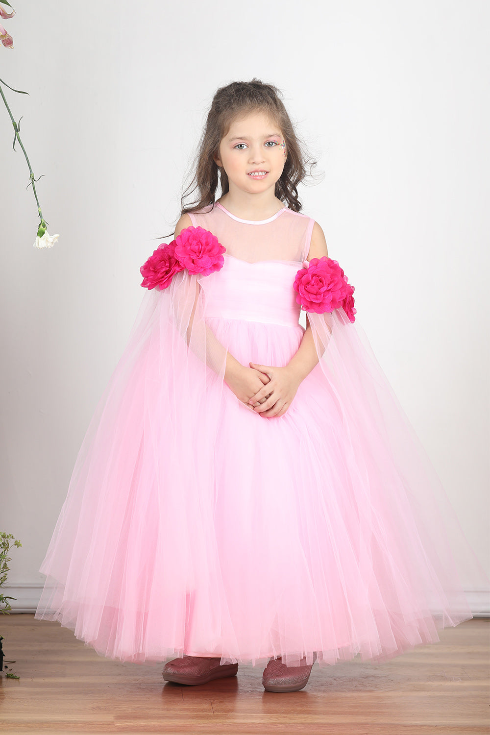 Light Pink Gown with Drapes and 3D Flower Detailing