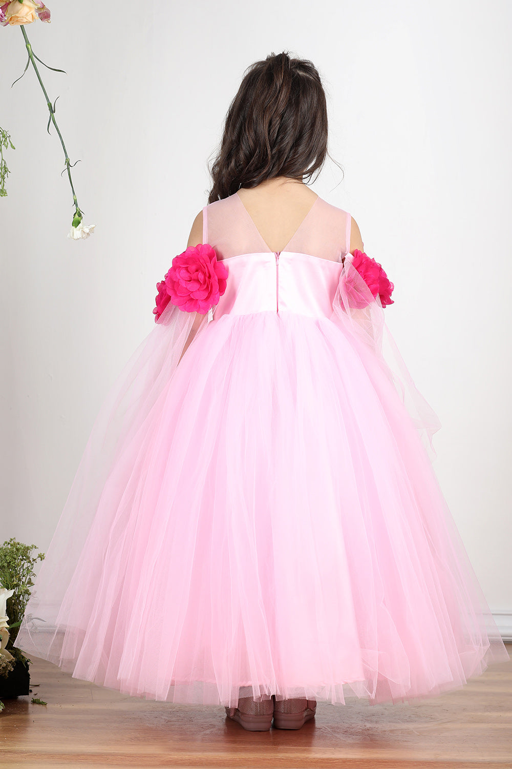 Light Pink Gown with Drapes and 3D Flower Detailing