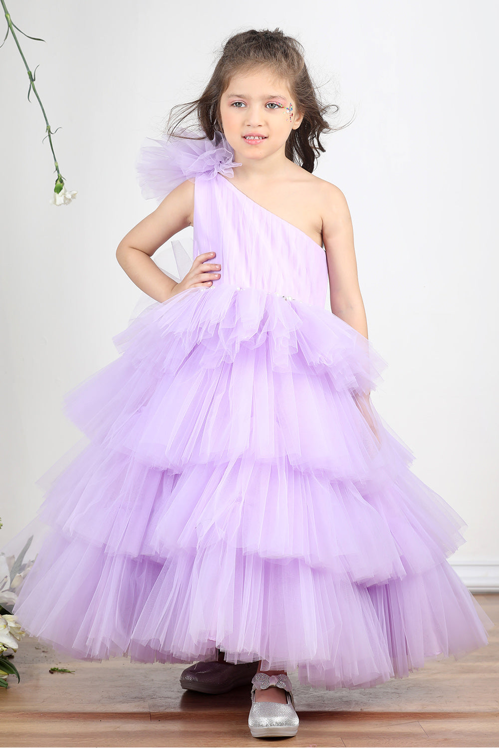 Lilac Off Shoulder Gown with Net Detailing