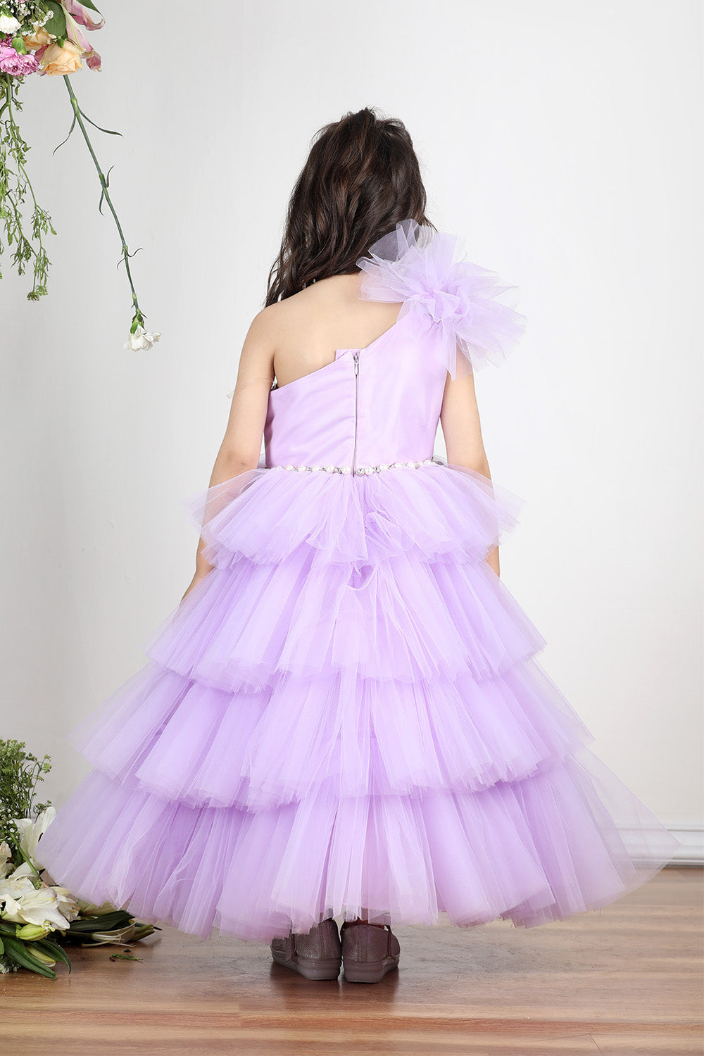 Lilac Off Shoulder Gown with Net Detailing
