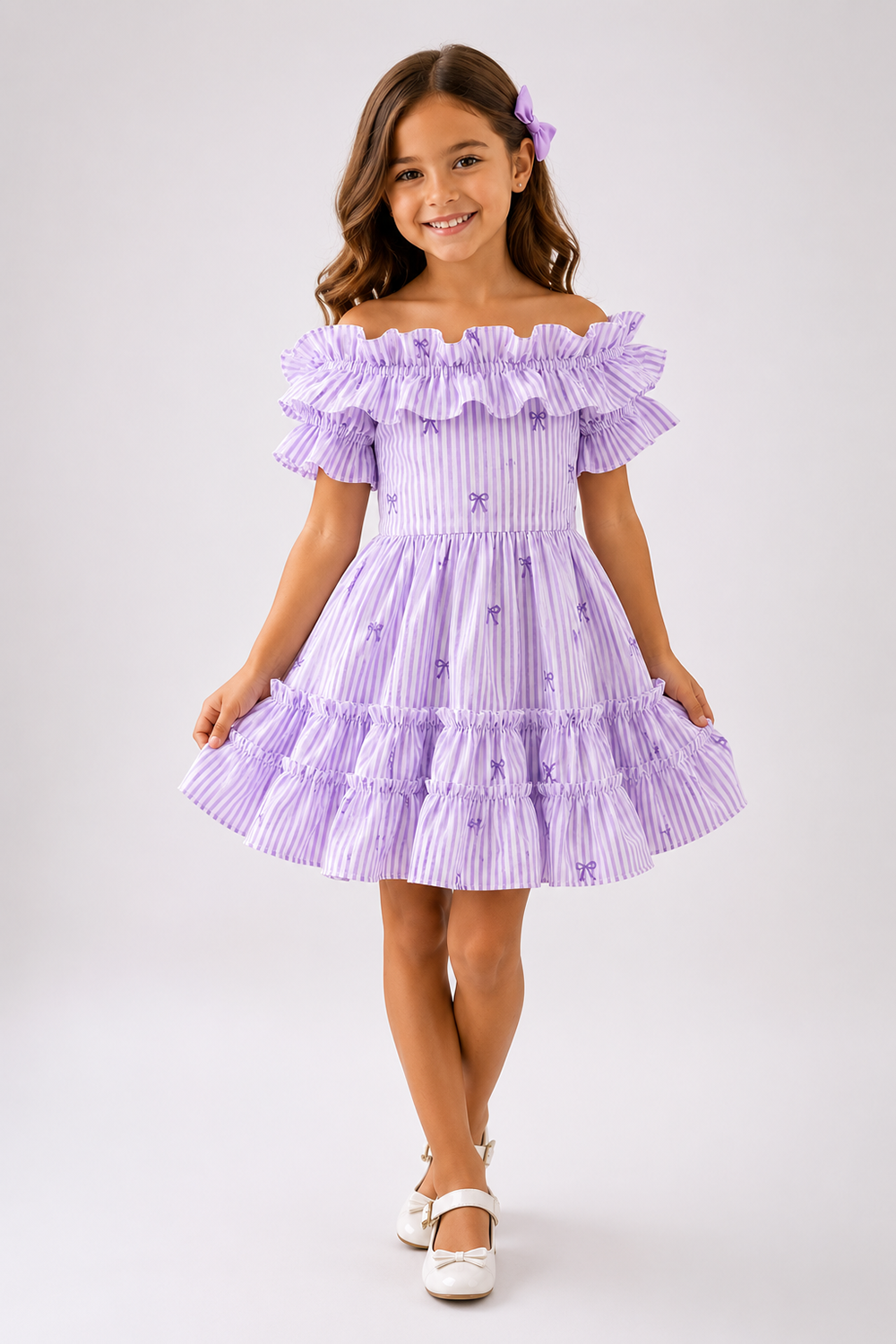 Lilac Off Shoulder Striped Dress With Ruffle Detailing