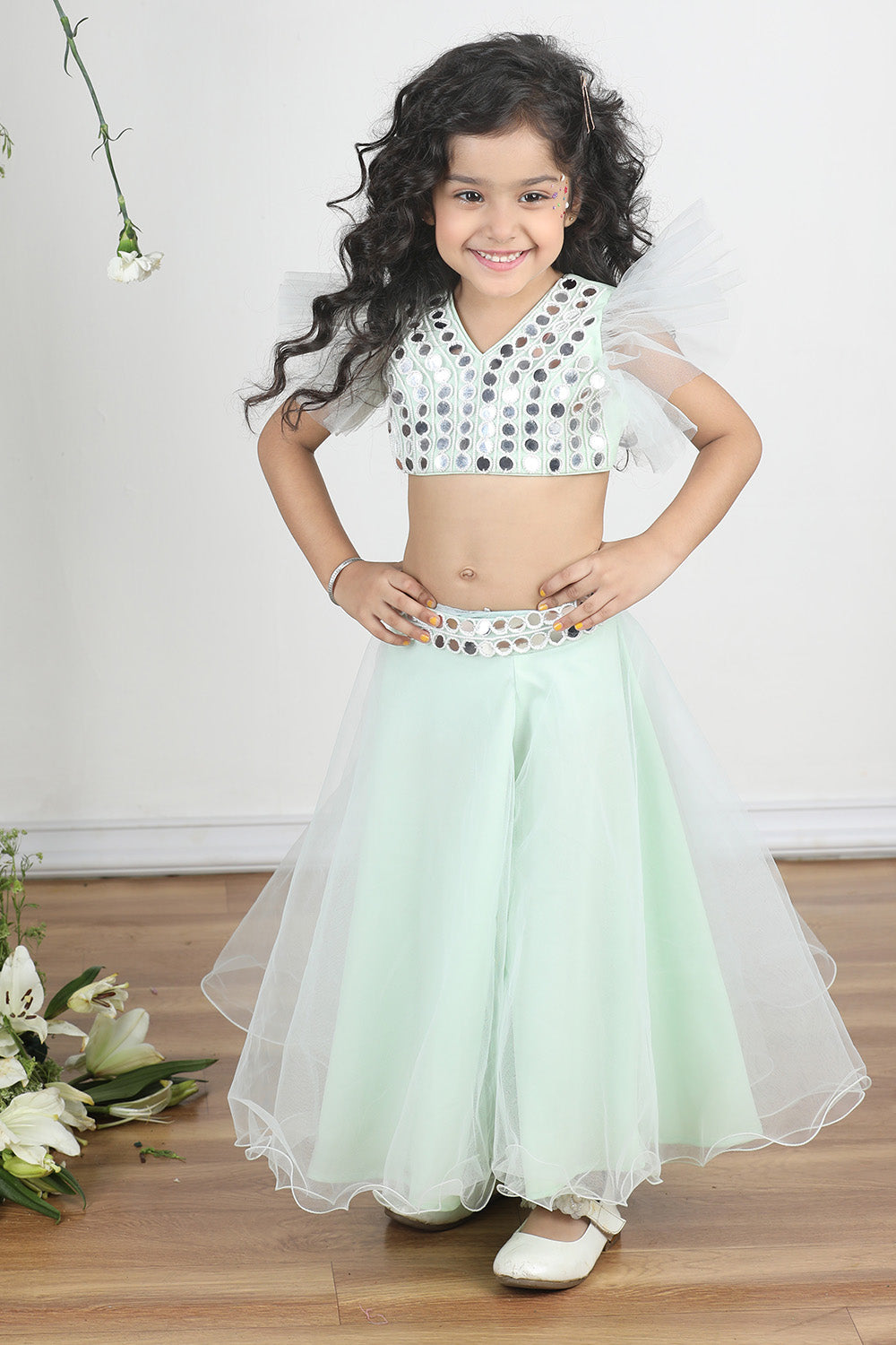 Mint Green Beads and Patra Work Embroidered Blouse with Plazzo