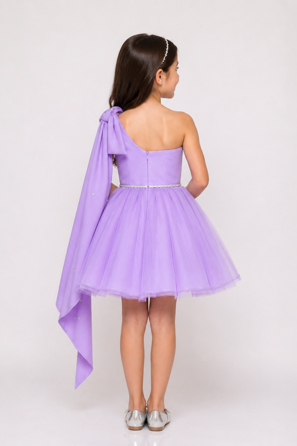 One Shoulder Lilac Tulle Dress With A Dramatic Bow Detail