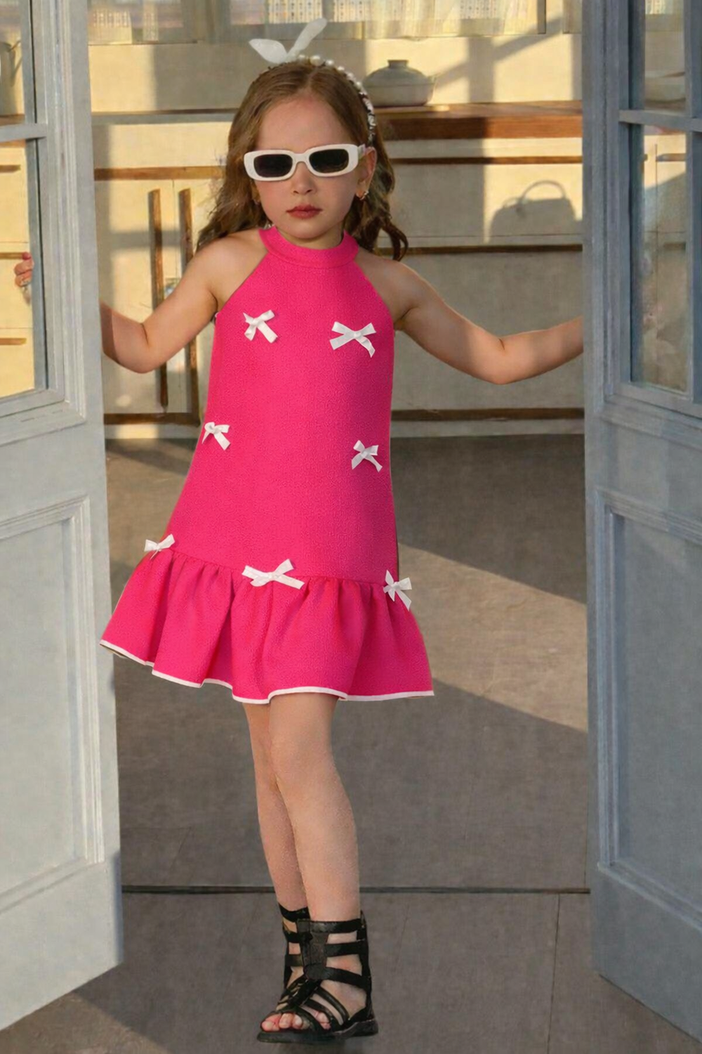 Pink Halter Neck Dress with Bow Detailing