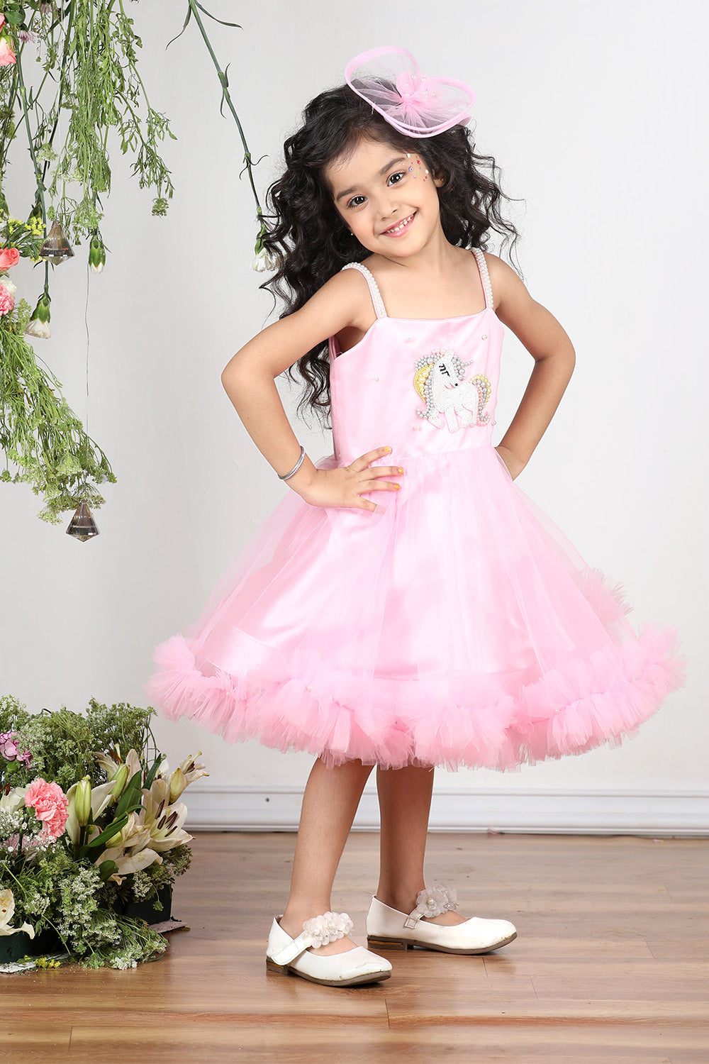 Pink Unicorn Embroidered Dress with Tulles N Hair Clip