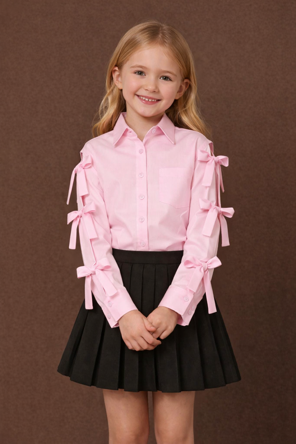 Shirt with Sleeve Tie Up Paired with Pleated Skirt