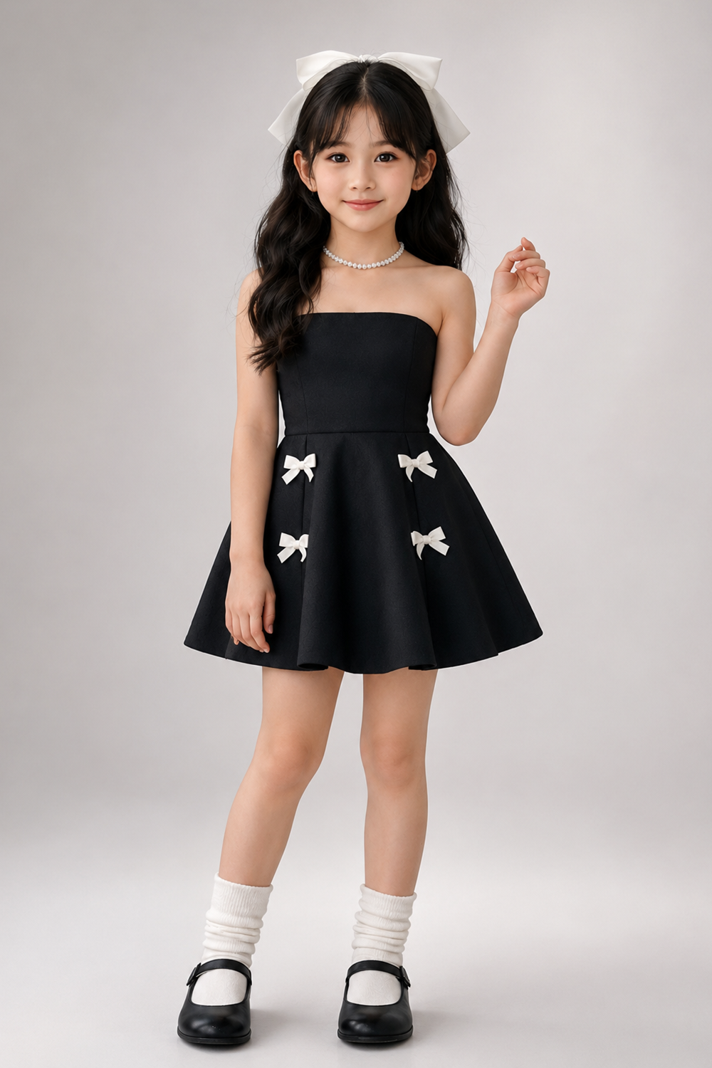 Strapless Black Fit And Flare Dress Adorned With Delicate Bow Details