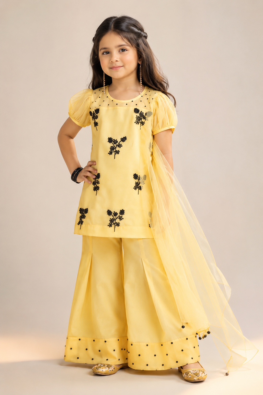 Sunshine Yellow Suit With Floral Embroidery N Plazzo