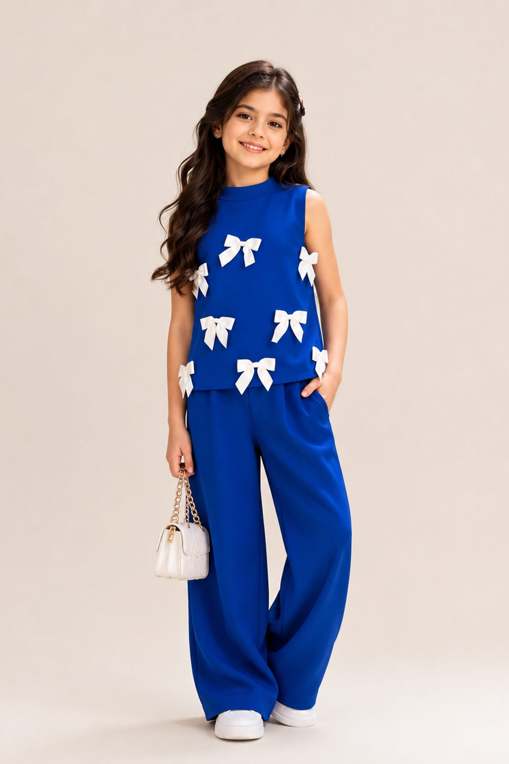 Top Paired With Matching Wide Lwg Pants And Bow Appliques